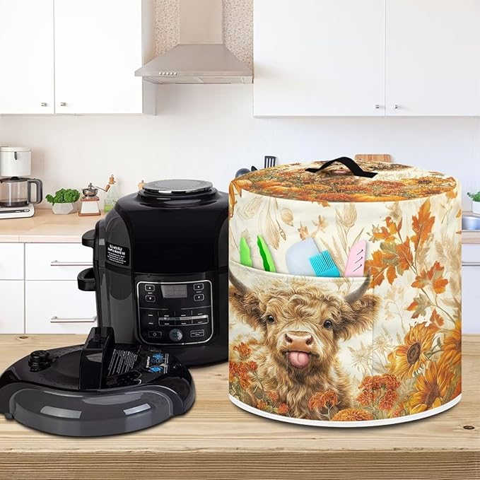 NEITLGEN Maple Leaf Highland Cow Kitchen Appliance Dust Cover Universal Size 3 Quart Pressure Cooker/Air Fryer/Rice Cooker Cover with Top Handle and Storage Pocket Thanksgiving Day Decor