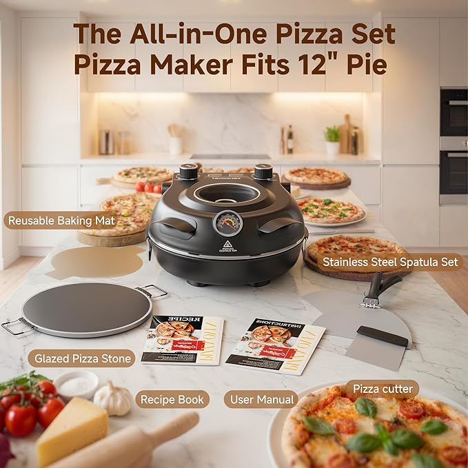 12-Inch CrustyBake Beginner's Black Glazed Stone Pizza Oven: Quick 800°F Heating, Easy-Clean Design, Recipe Book & All Tools Included - Perfect for First-Time Pizza Makers at Home
