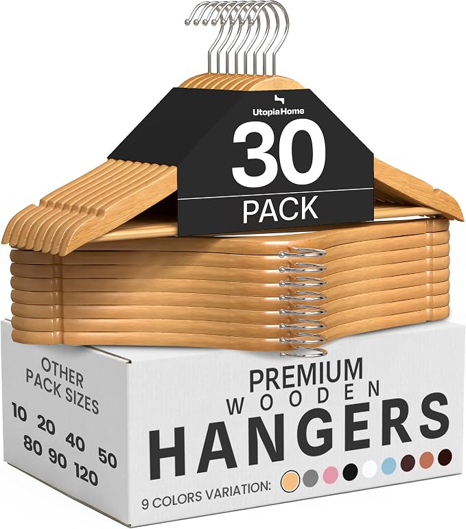 Utopia Home Wooden Hangers 30 Pack – Slim Suit Hangers Natural | 360° rotatable by UTOPIAHOME