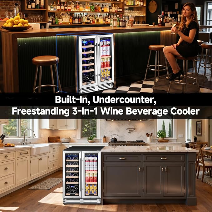 BODEGA 24 Inch Beverage and Wine Refrigerator, Dual Zone Wine Cooler Under Counter, with Independent Temperature Control and Upgraded Compressor, Holds 57 Cans and 19 Bottles