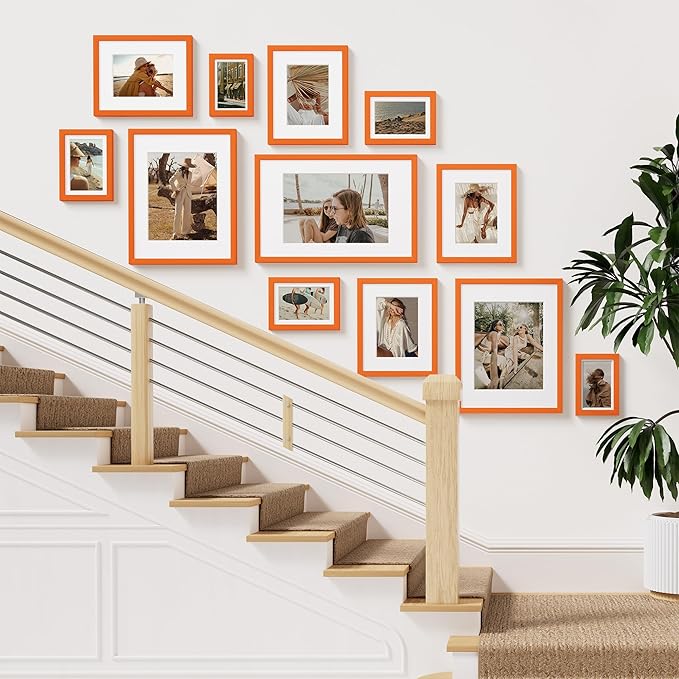 Vittanly 8x10 Picture Frame Set of 2, Solid Wood Frame for Wall or Tabletop, Display Photo 5x7 with Mat or 8x10 without Mat, Orange