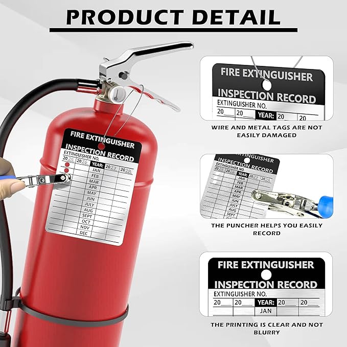 50 Pcs Waterproof Fire Extinguisher Inspection Tags 2.3 x 3 Inch Metal Aluminum with Wires and Handheld Hole Puncher Durable Metal Fire Tags for Monthly Fire Safety Check Indoor Outdoor Writeable(50)
