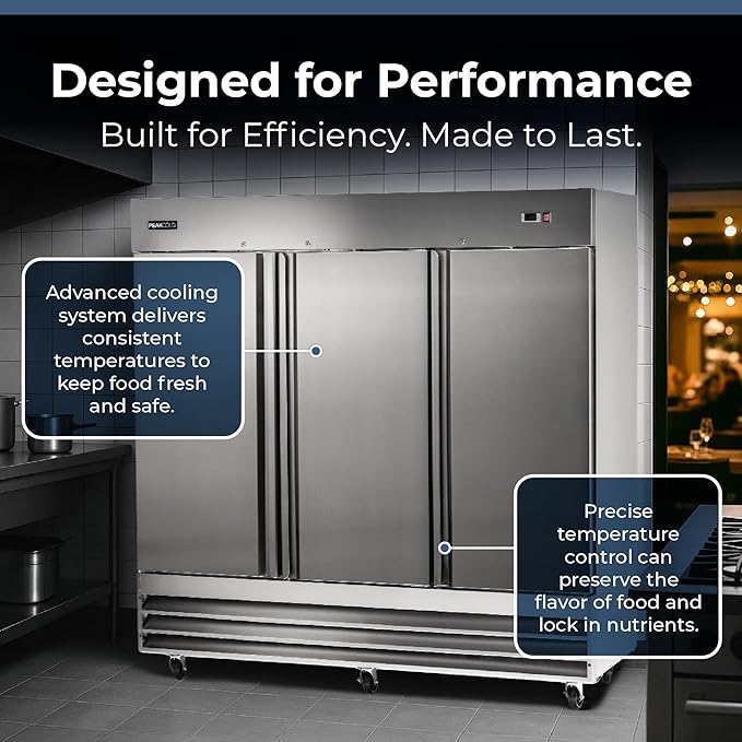 PEAKCOLD 3 Door Commercial Refrigerator - 72 Cubic Ft, 81" Wide Stainless Steel Reach-In Commercial Refrigerator with White Internal Lighting - Freestanding Industrial Fridge