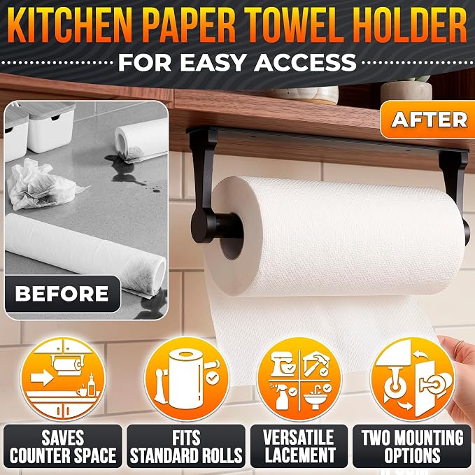 Black Paper Towel Holder Under Cabinet, Space-Saving - Image 4