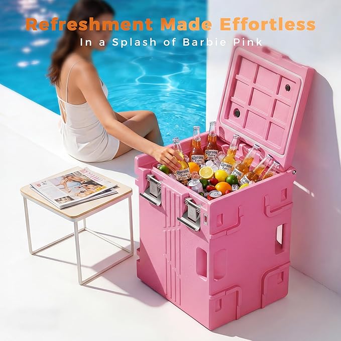 Pink 82QT Non-Electric Hot Box Food Warmer with Wheels, 304 Stainless Steel Latch, Insulated Food Carrier for 5 Full-Size Pans(NOT Included), Food Warmer Box Hot Boxes for Catering
