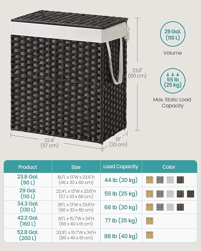 SONGMICS Laundry Hamper with Lid, 110L Double Wicker Basket, 6 Mesh Bags - Image 6