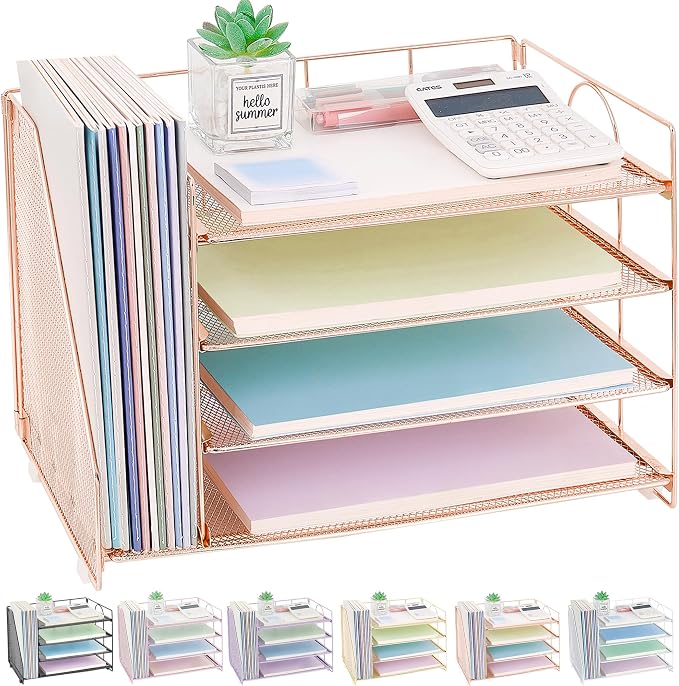 OPNICE Desk Organizer, 4-Tier Paper Organizer Letter Tray, Rose Gold | Desk - Image 7