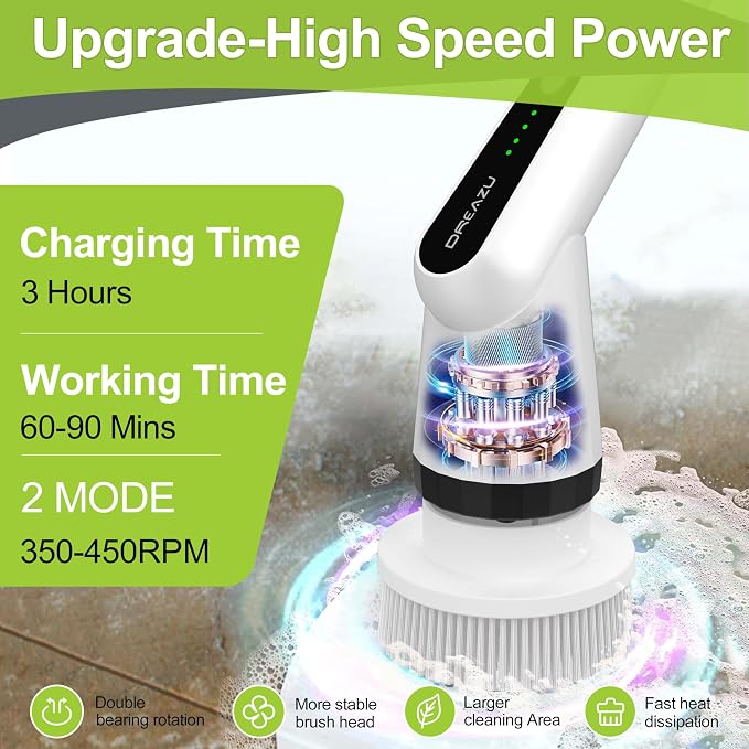 Dreazu Electric Spin Scrubber, 10-in-1 Shower Scrubber & Retractable Long Handle - Image 5