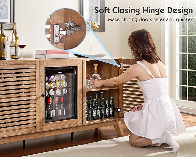 60" Beverage Cooler Cabinet with Built-in Mini Fridge – 24-Can Capacity Beverage Refrigerator for Home Bar or Office – Wine & Coffee Bar Cabinet with Storage – Brown