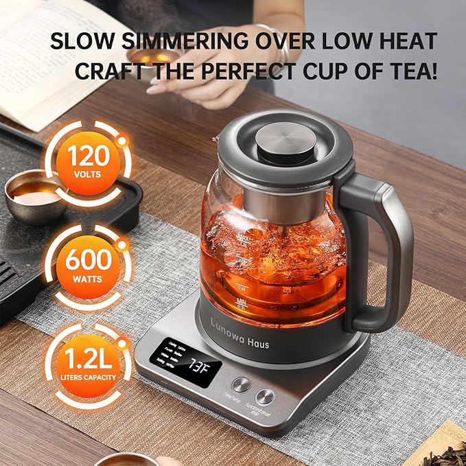Rufus Titanium & Glass Electric Tea Kettle Tea Maker - Pro Steam Extraction, 11 Temp & 10 Strength Levels, Dry Boil Protection, 12H Auto Warm, 1.2L 600W 120V, BPA-Free with 1 Infusers
