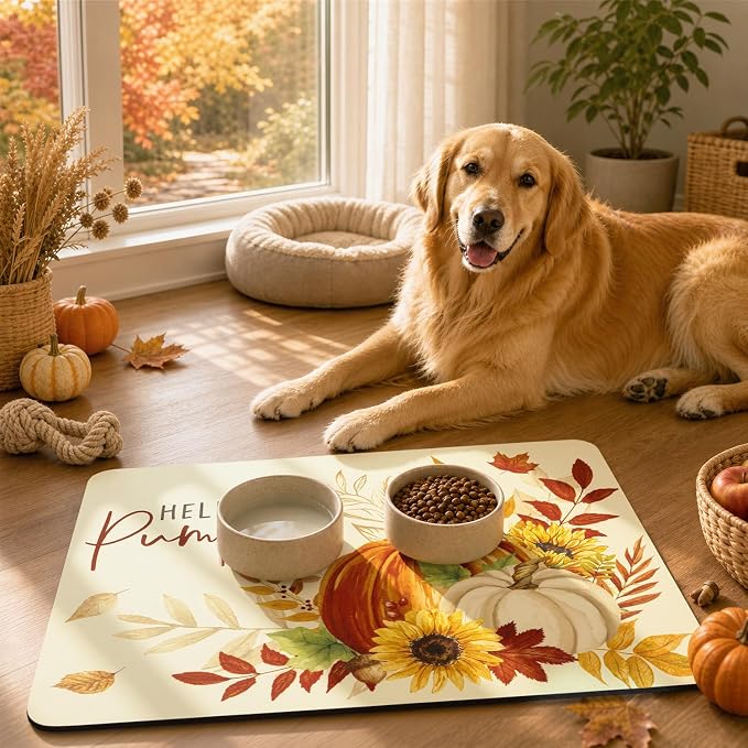 LOKHOM 12"x20" Fall Dish Drying Mat，Autumn Harvest Hello Pumpkin Sunflower | - Image 5