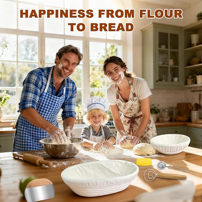 Sourdough Starter Kit,Sourdough Bread Baking Supplies, 9" Round and 10" Oval Banneton Bread Proofing Basket Set with Sourdough Starter Jar, Sourdough Bread Making Kit Valentine's Gifts for Women Wife