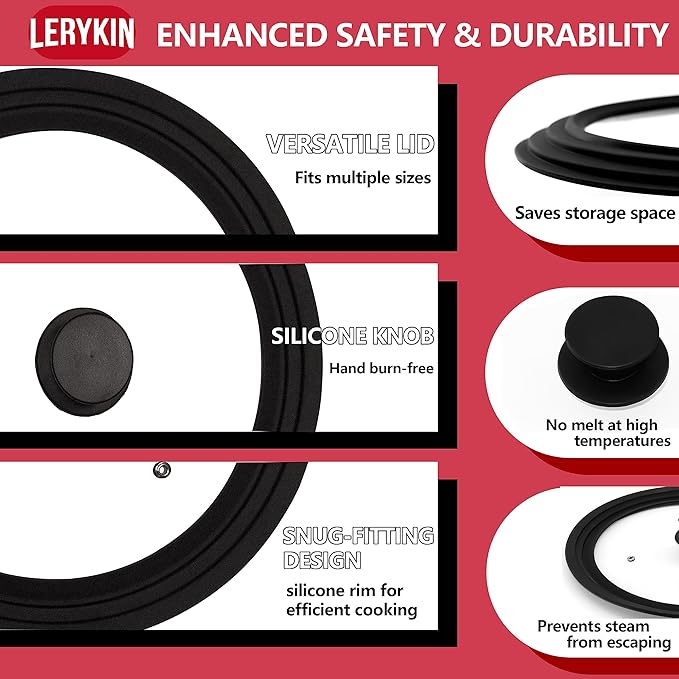 Tempered Glass Lid - Universal Lid with Heat Resistant Silicone Rim for Pots, Pans and Skillets - Pan Cover Replacement Lid Fits 6.5", 7" and 8" Diameter Cookware