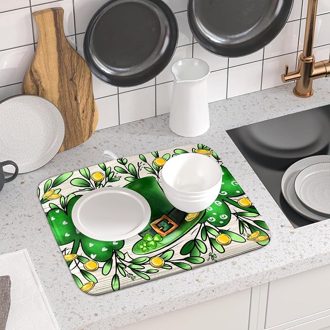 St Patrick's Day Shamrock Dish Drying Mat 16x18 inch Eucalyptus Leaves Dishes - Image 6