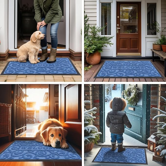 Smiry Welcome Door Mat Outside Entrance, Heavy Duty Trap Dirt and Moisture Easy Clean Low Profile Patio Porch Indoor Outdoor Front Doormat for Entry, 29.5x17 Inch, Blue