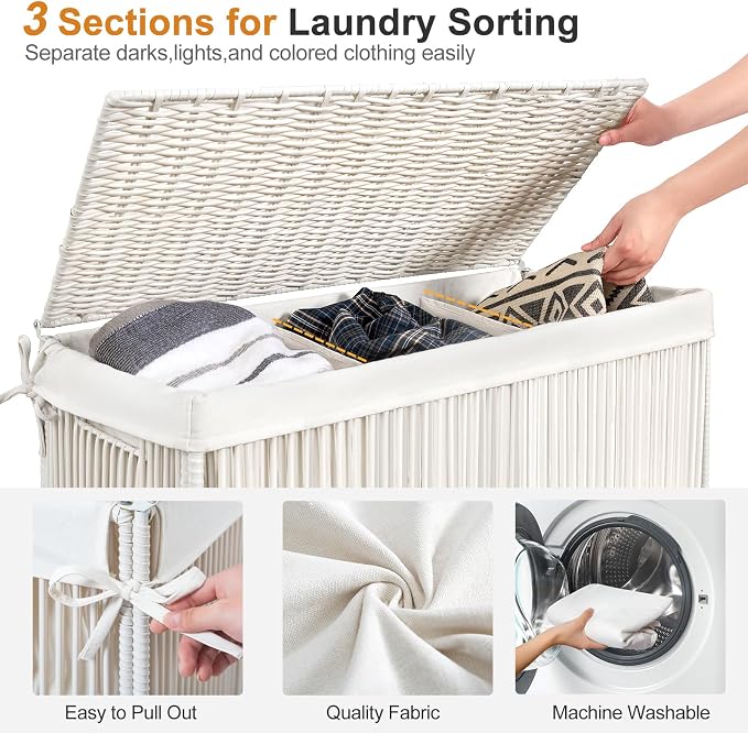 WOWLIVE Laundry Basket 3 Section, Handwoven Laundry Hamper - Image 5