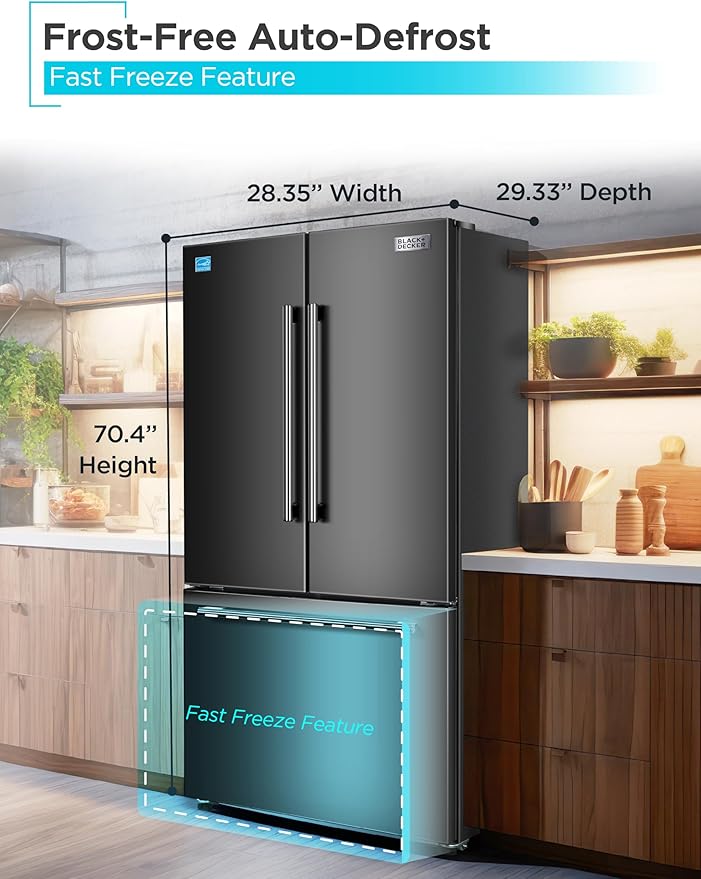 BLACK+DECKER 16 Cu. Ft. French Door Refrigerator with Built-in Ice Maker, Full Size Refrigerator with Bottom Mount Freezer Drawer, Frost Free, ENERGY STAR certified, BRF1600GIMB, Black