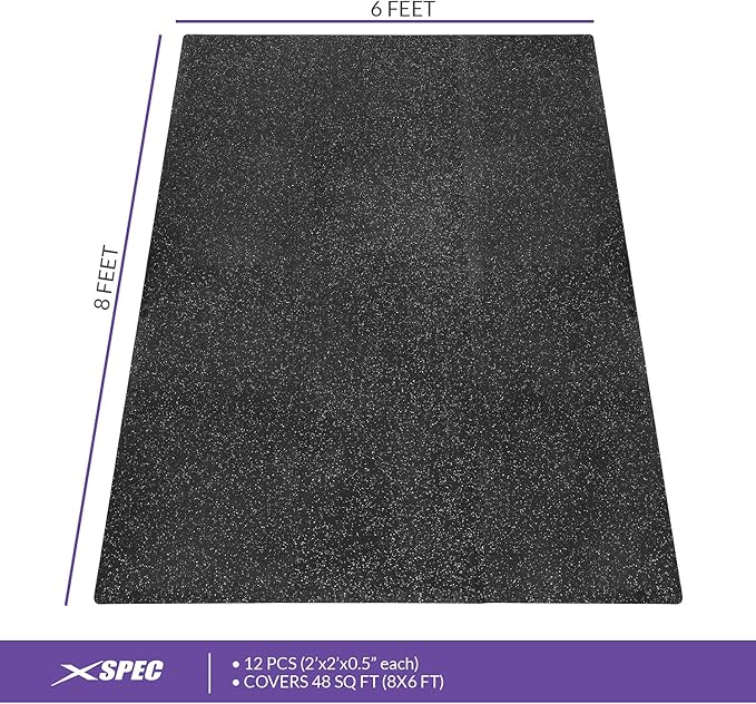 Xspec 1/2" Thick 48 sq ft (12 Tiles) Interlocking Rubber Top EVA Foam Exercise Mat | Home Gym Mats Workout Flooring Tiles for Gyms, Fitness Rooms | Durable Grip Protective Flooring, Black/Grey