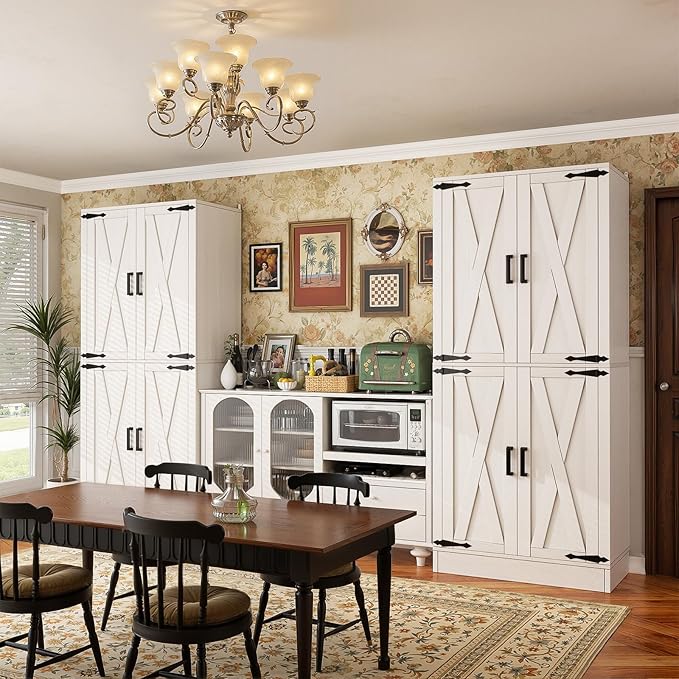 Unikito 71" Tall Kitchen Pantry Cabinet with Farmhouse Barn Doors and Storage Drawer, 8 Adjustable Shelves, Freestanding Cupboard for Dining Room, Living Room, Utility Room, White, 2 Pack