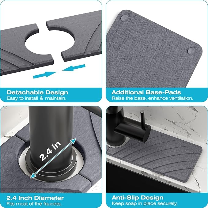 SpaceHacks Stone Faucet Mat for Kitchen Sink 15.7x4 in, Dark Gray | Fast Drying - Image 5