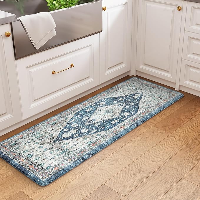 Collive Kitchen Mats for Floor, Boho Non Slip Kitchen Cushion Rug Kitchen Floor Mats Anti Fatigue for Office, Laundry, Sink, 17”x47”Dark Blue Non-Skid Waterproof Standing Desk Mat