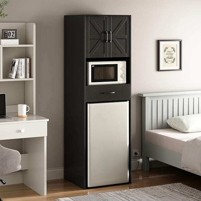 Mini Fridge Stand with Storage and Power Outlet, Coffee Bar Cabinet with Microwave Shelf, – Fits Most Mini Fridges and Wine Coolers, for Dorm, Kitchen, or Office Black KH03MRB
