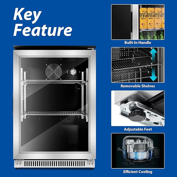 20 Inch Beverage Refrigerator Cooler,Under Counter Drink Fridge with Glass Door, Built-in or Freestanding, Quiet Compressor Cooling, 120 Can Capacity for Beer and Soda
