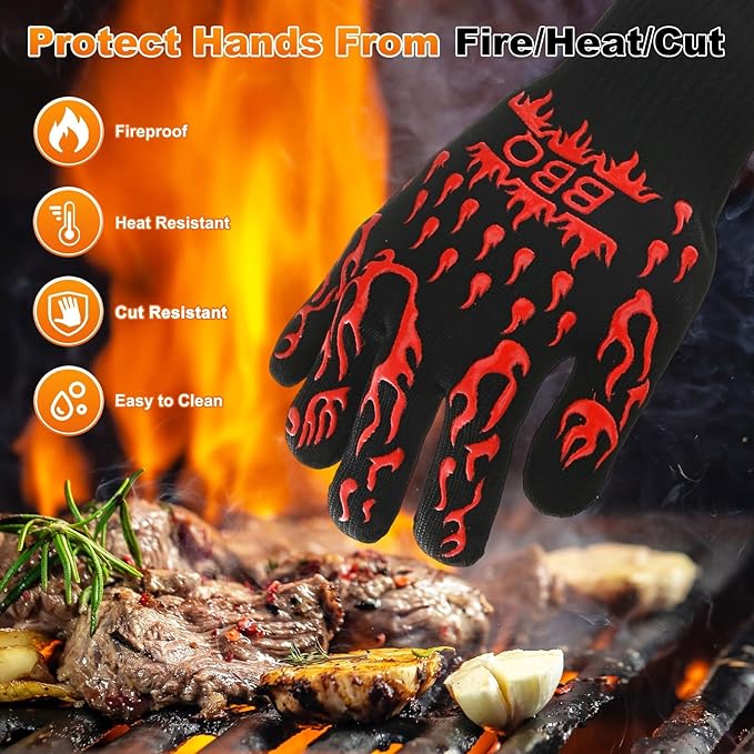1-Pair BBQ Gloves, 1472°F Heat Resistant Non-Slip Grilling Oven Gloves for Barbecue/Baking/Cooking [S Size, Red]