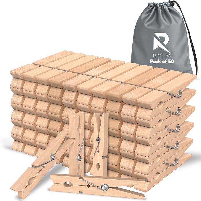 50pcs Wooden Clothes Pins with Storage Bag, 2.9 Inch Natural Wood Clothespins by RIVEDA