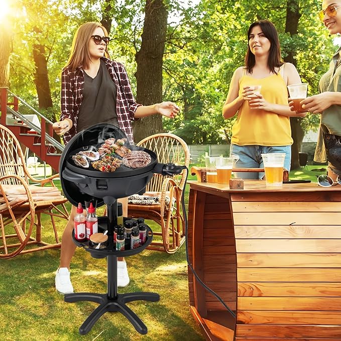 Giantex Electric Grill Outdoor, 1200W Electric BBQ Grills Outdoor Cooking with Lid & Thermometer, Nonstick Griddle, Drip Tray, 2-in-1 Freestanding & Tabletop Grill for Apartments Backyard Party
