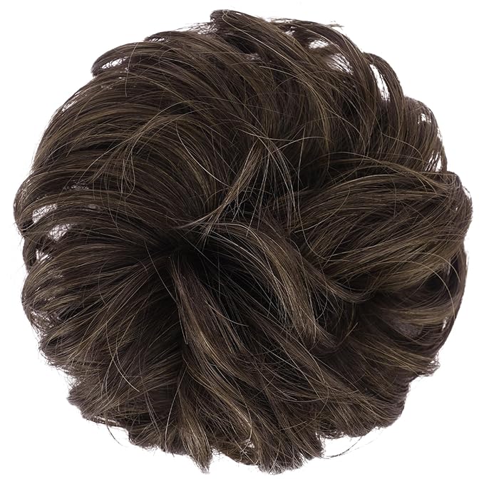 FESHFEN Large Messy Bun Hair Piece - Wavy Synthetic Chignon Scrunchies Elastic Ponytail Hair Extensions Thick Hairpieces for Women, Mixed Chocolate Brown 1.94oz