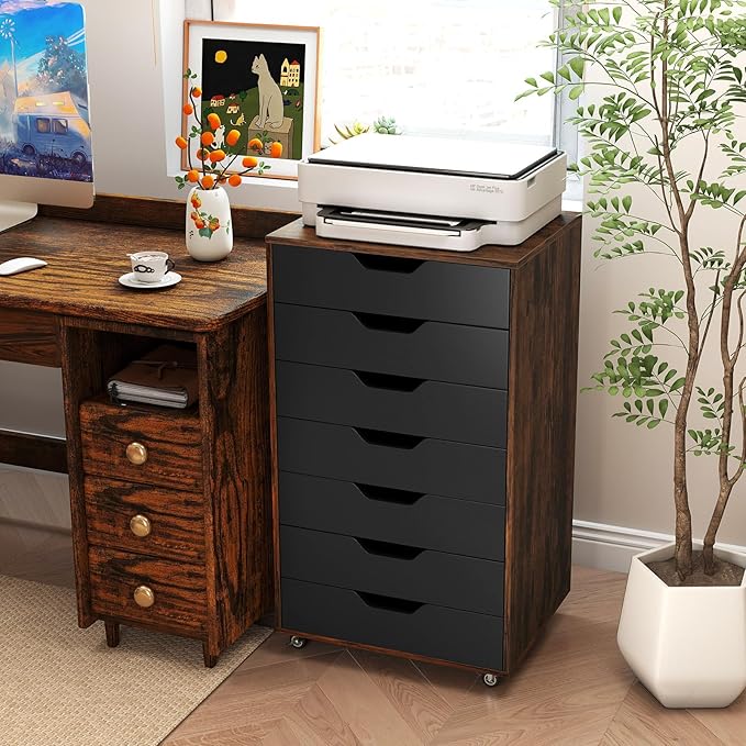 7 Drawer File Cabinet, Mobile Filing Cabinet w/Universal Wheels, Wood Printer Stand with Storage, Rolling File Cabinets for Home Office, Living Room, Bedroom (Rustic Brown, 7 Drawers)