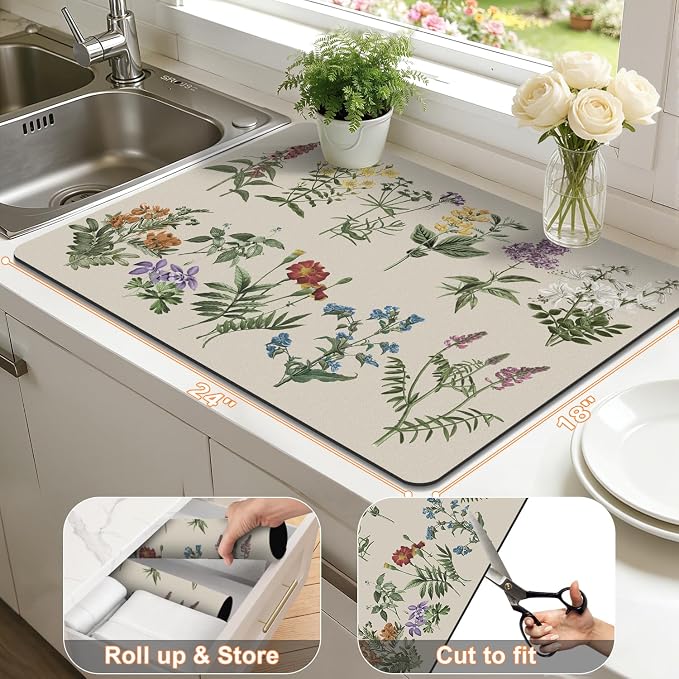 LOKHOM 18"x24" Dish Drying Mat，Vintage Sage Flower Herb Coffee Mat | Ultra - Image 2