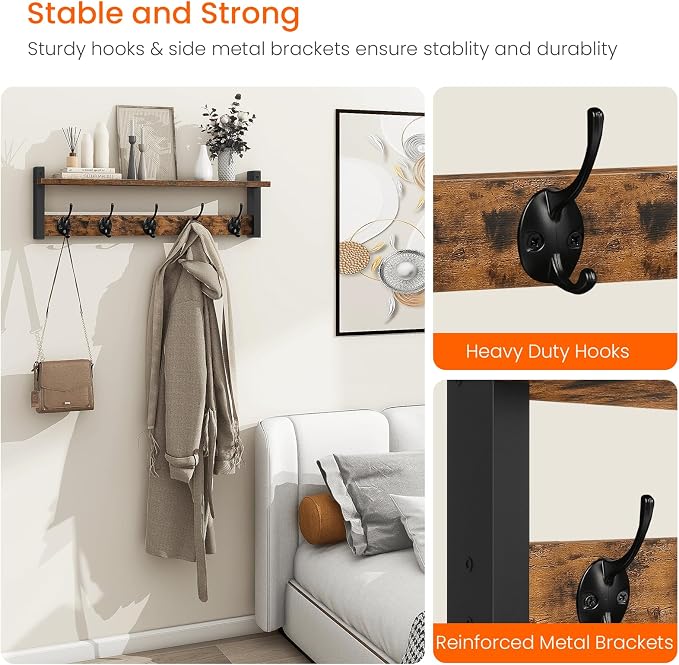 Coat Rack with Wall Mount, 24 Inch Long Entryway Wall Shelf with Hooks - Image 4