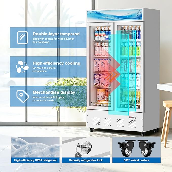 42”W Commercial Glass Door Display Refrigerator 30 Cu.ft White Cooler Beverage Fridge with LED Light and 10 Shelves for Cafe Restaurant Store Bar