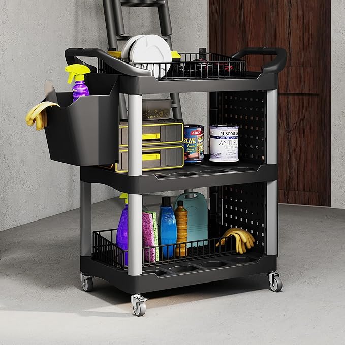 HOMCOM 3 Tier Utility Cart on Wheels, Rolling Tool Storage with Pegboards and Bucket, 200 LBS Load Capacity Plastic Service Cart for Garage, Warehouse, Workshop, Black and Light Gray