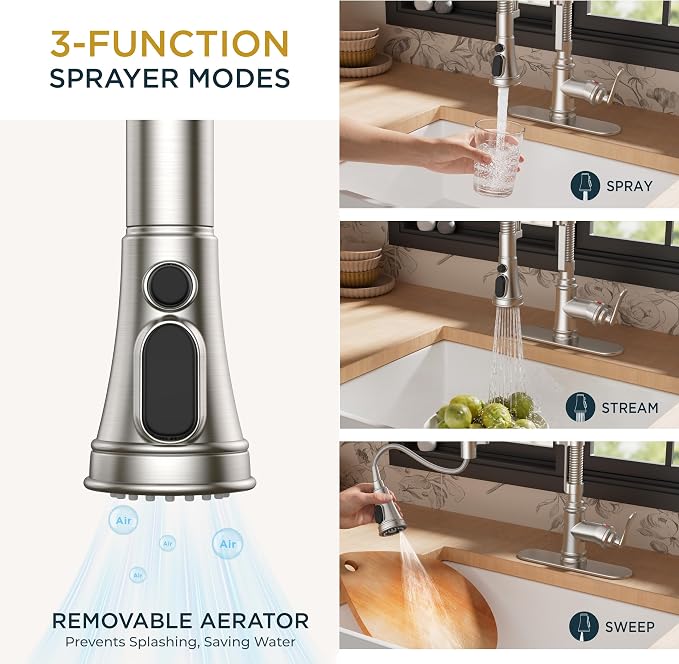 FORIOUS Kitchen Faucet with Pull Down Sprayer, Atique Style, Brushed Nickel | - Image 5