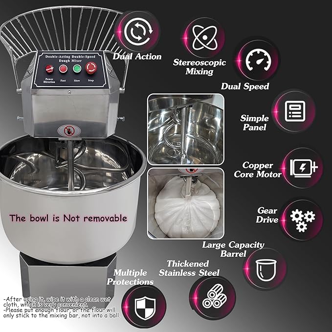 INTSUPERMAI Commercial Dough Mixer Machine Electric Food Mixer with Double Action Double Speed Spiral Mixing for Schools Bakeries Restaurants Pizzerias 110V (Standard Type, 50L)