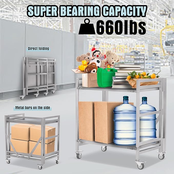 2 Shelf Rolling Cart with Wheels, 660lbs Capacity Collapsible Steel Rolling Utility Cart, Heavy-Duty Foldable Workbench, Metal Rolling Storage Cart with Handle for Groceries, Warehouse (36" Lx26 W)
