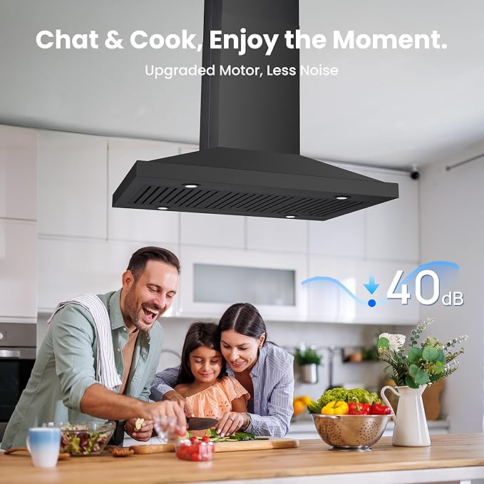 Island Range Hood 30 Inch, 390 CFM kitchen Hood with Dual-Sided Touch/Gesture Control, Ceiling Mount Kitchen Vent Hood, Convertible Ducted/Ductless, 3-Speed Fan&4 LED Lights, 2 Baffle Filters, Black