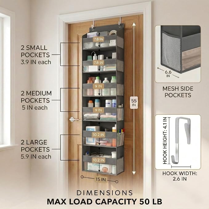 HOMELUX THEORY Over the Door Organizer, 100D Fabric, Dark Gray 2pc - Image 2