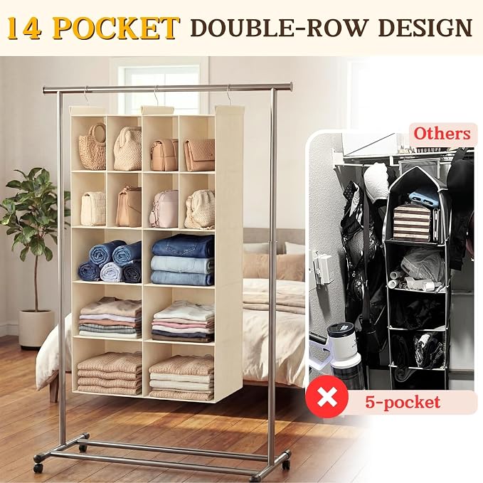 5 Tier Hanging Closet Organizer, 14 Compartments Dual Row Storage, 3 Sturdy - Image 4
