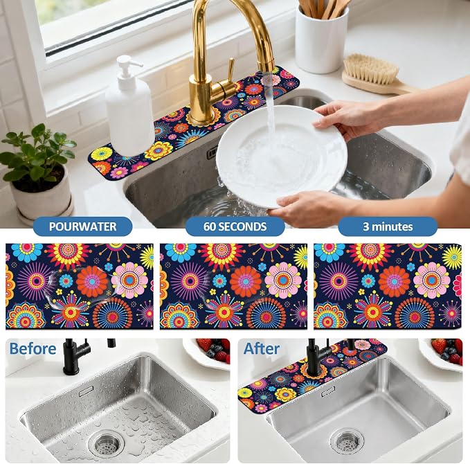 2 Pcs Kitchen Sink Splash Guard Faucet Mat Brilliant Floral Textures Faucet Mat - Image 5
