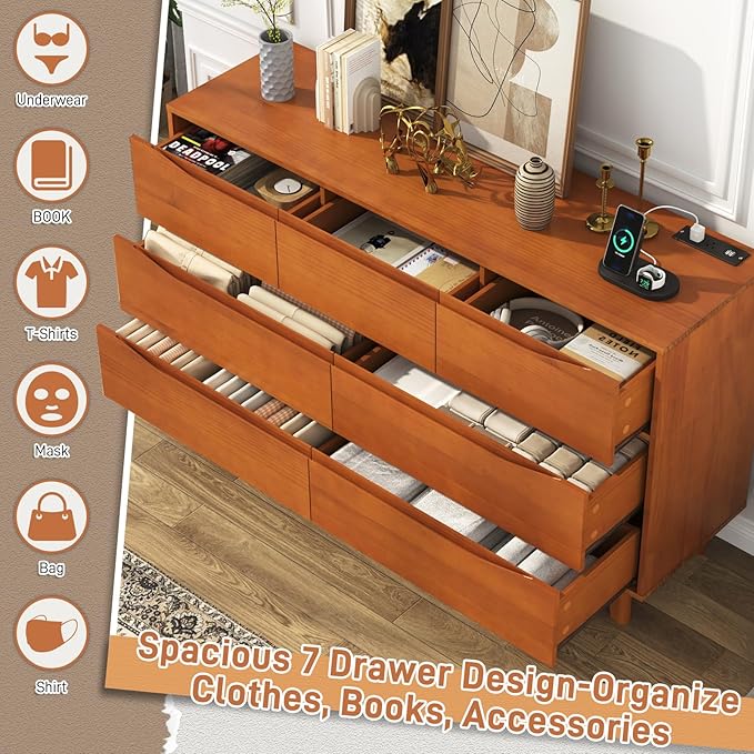 55”Solid Wood Drawers Dresser with Power Outlets, 7 Drawer Dresser for Bedroom, Mid Century Modern Vintage Large Chest of Dresser for Hallway, Entryway,Cutout Handle, Storage Essentials, Caramel