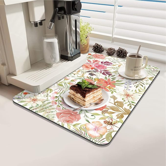 LOKHOM 12"x20" Dish Drying Mat，Pink Floral Coffee Mat | Pink Roses Petals Prints - Image 3