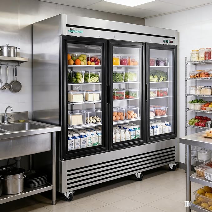 COOLCHEF 81" Commercial Glass Door Refrigerator, 72 Cu.Ft Triple-Door Reach-In Cooler, 33–40℉, Triple-Layer Low-E Glass, 12 Shelves, R290