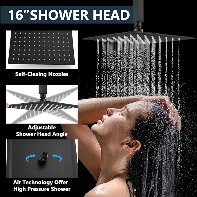 Aolemi Shower Faucet Set Ceiling Mount Shower System Rough-in Valve and Shower Trim Kit 2 in 1 Handheld Spray Push Button Diverter 16 and 6 Inch Dual Shower Head Matte Black