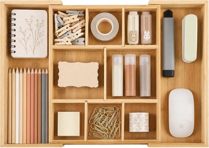 Bamboo Drawer Organizer Expandable Desk Storage Set, 10 Adjustable Compartment by EHME+EHME+EHME