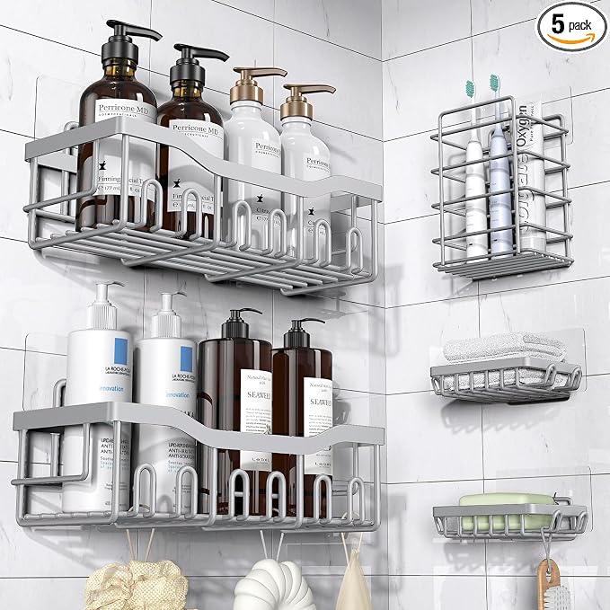 Shower Caddy 5 Pack, Adhesive Shower Organizer by EUDELE