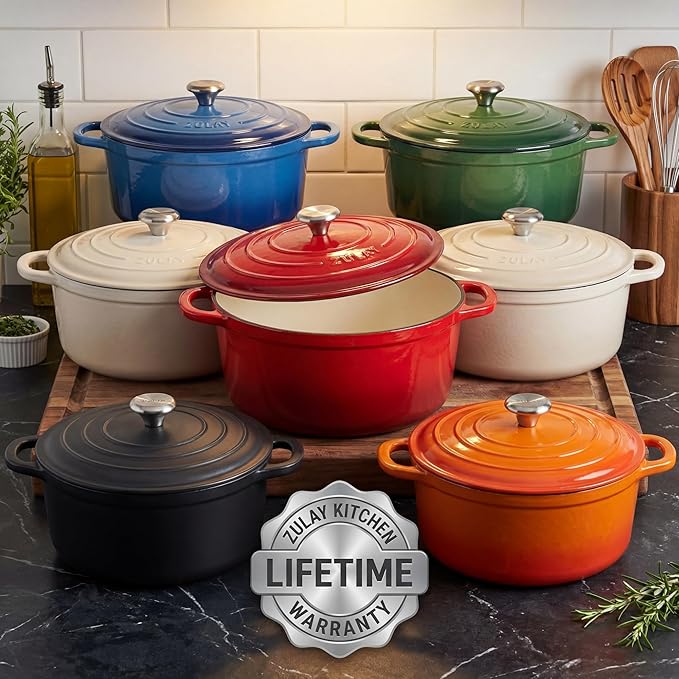 Zulay Kitchen 6 Quart Enameled Cast Iron Dutch Oven Pot with Lid – Premium Durability & Oven Safe up to 500°F – Heavy Duty Cookware Perfect for Bread Baking, Stews, Braising & Roasting – Red